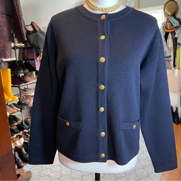 TALBOTS Luxe Navy 100% Merino Wool Cardigan w/ Gold Crest Buttons - Size M - Picture 2 of 10